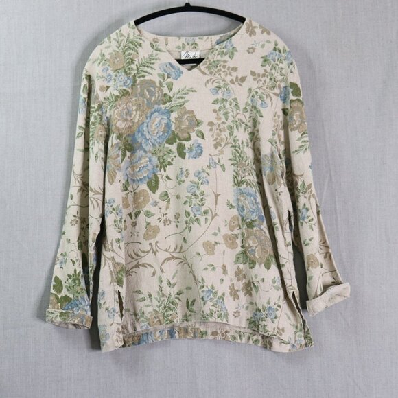 VTG Mishi Linen Tunic Top Women’s *L Floral V-Neck Boho Cottagecore Lagonlook - Picture 16 of 16